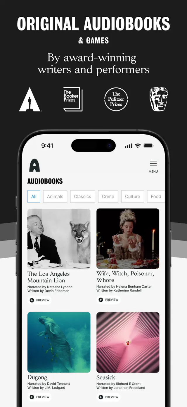 "Original audiobooks & games by award-winning writers and performers" — the library grid