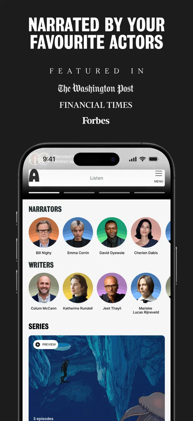 "Narrated by your favourite actors" — browsing narrators, writers and series