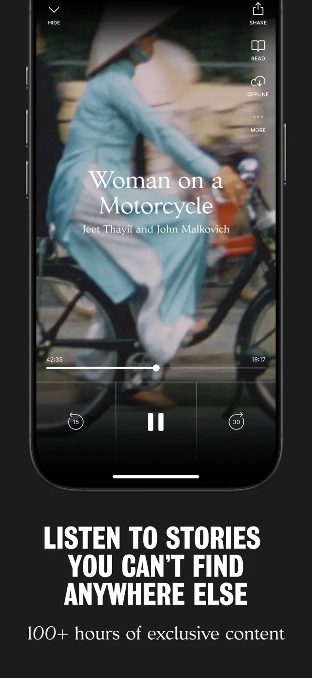 "Listen to stories you can't find anywhere else" — the player mid-feature