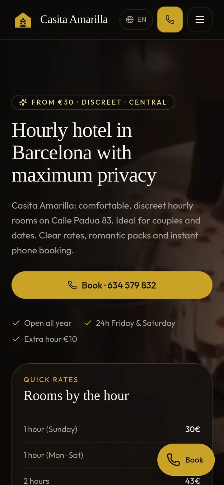 Home hero on a phone — "Hourly hotel in Barcelona with maximum privacy", the book button and a quick-rates card
