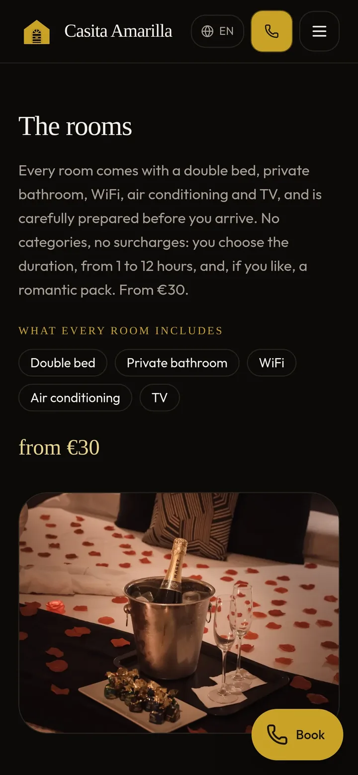 The rooms page — the intro and the chips for what every room includes: double bed, private bathroom, WiFi, A/C, TV, from €30