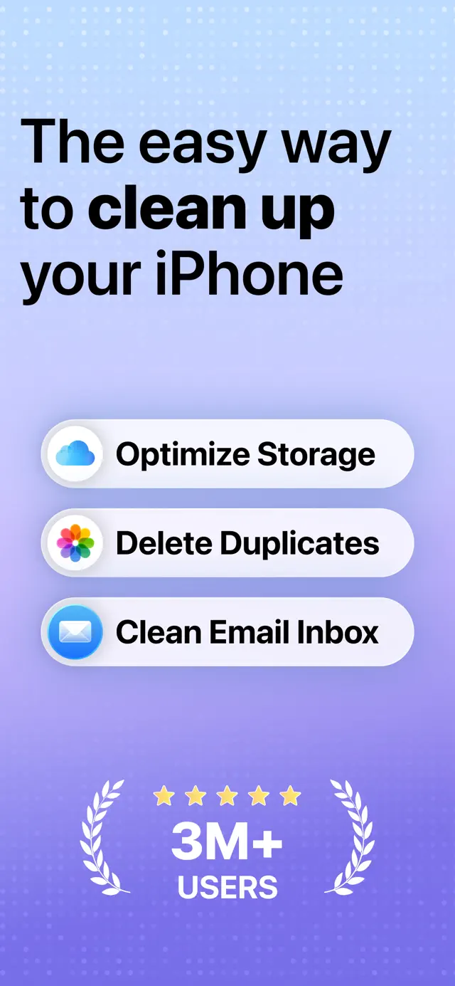 "The easy way to clean up your iPhone" — optimize storage, delete duplicates, clean email inbox