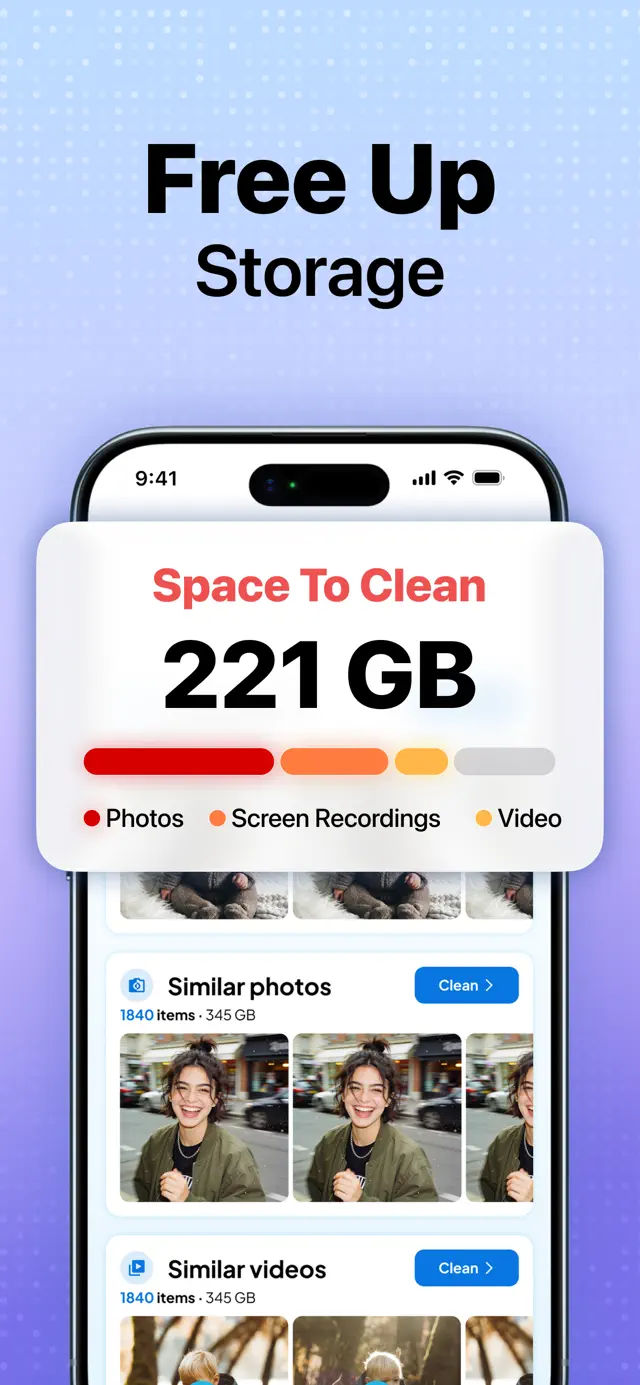 "Free Up Storage" — a space-to-clean breakdown by photos, screen recordings and video