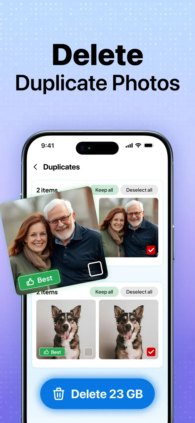 "Delete Duplicate Photos" — duplicate sets grouped for review with a bulk delete action