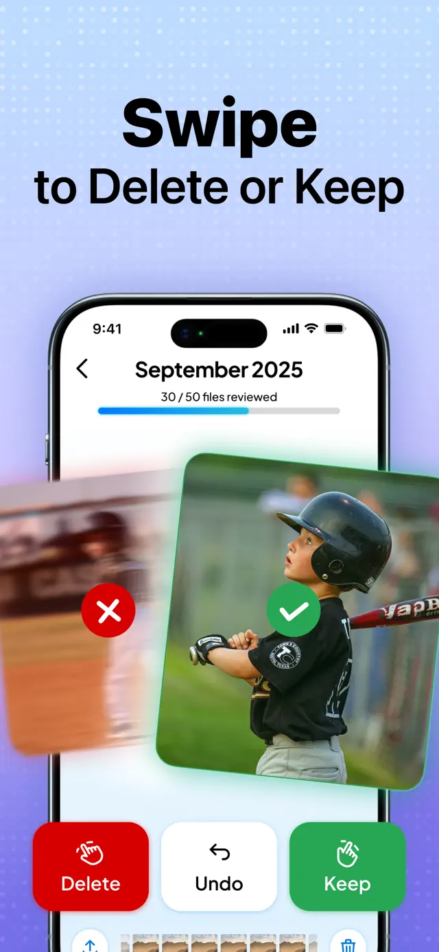 "Swipe to Delete or Keep" — the swipe review screen with undo
