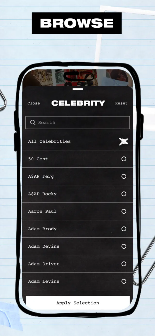 "Browse" — filtering the celebrity list by name
