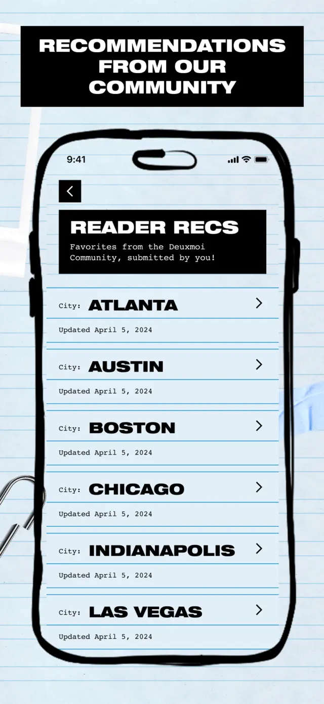 "Recommendations from our community" — reader recommendations grouped by city