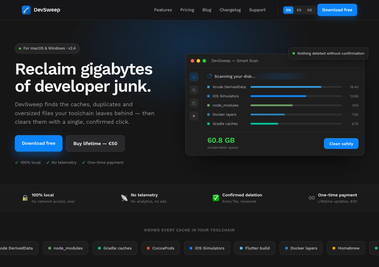 DevSweep — captura de la página de inicio del sitio en producción