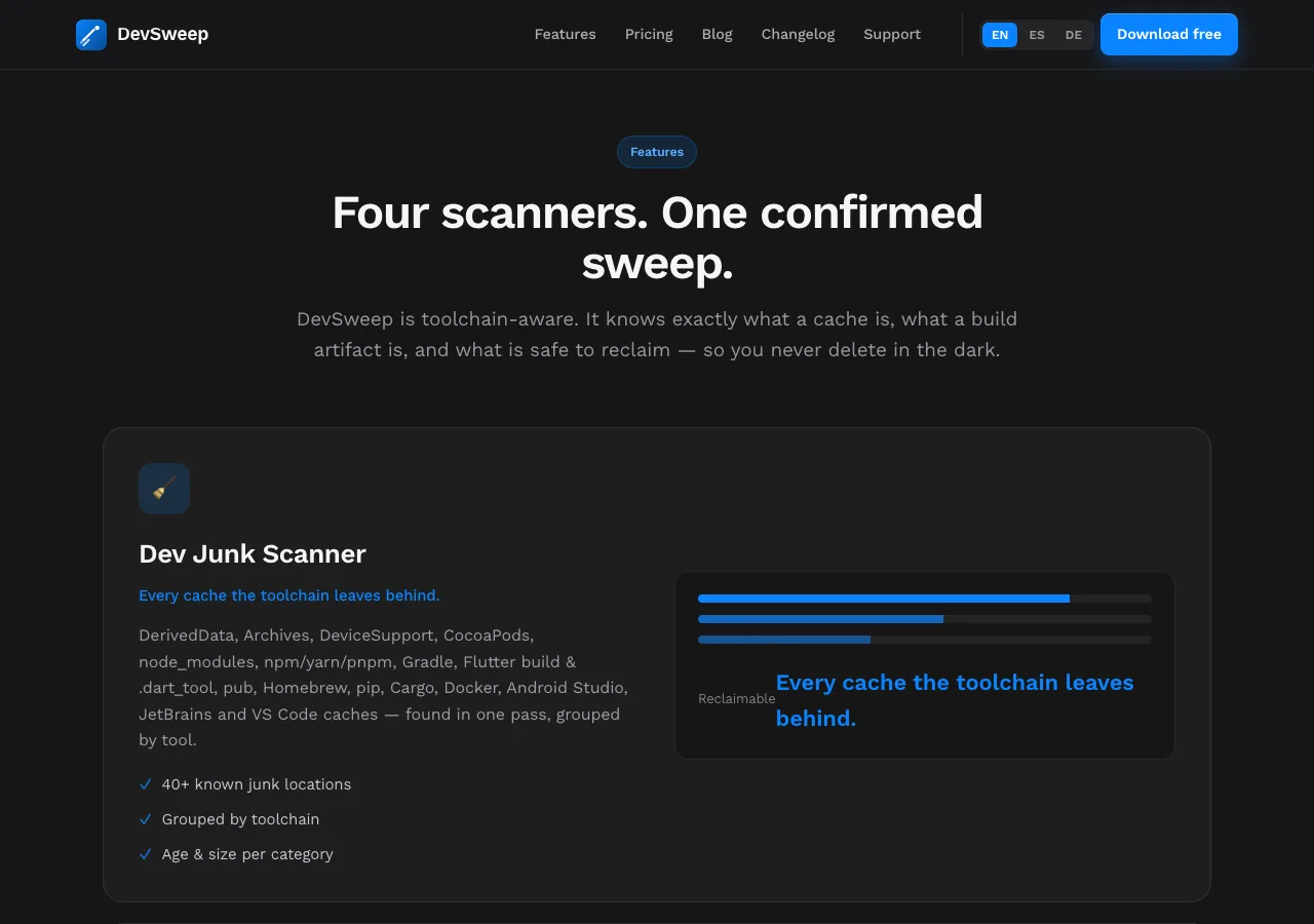 DevSweep — captura del resumen de funciones del sitio en producción