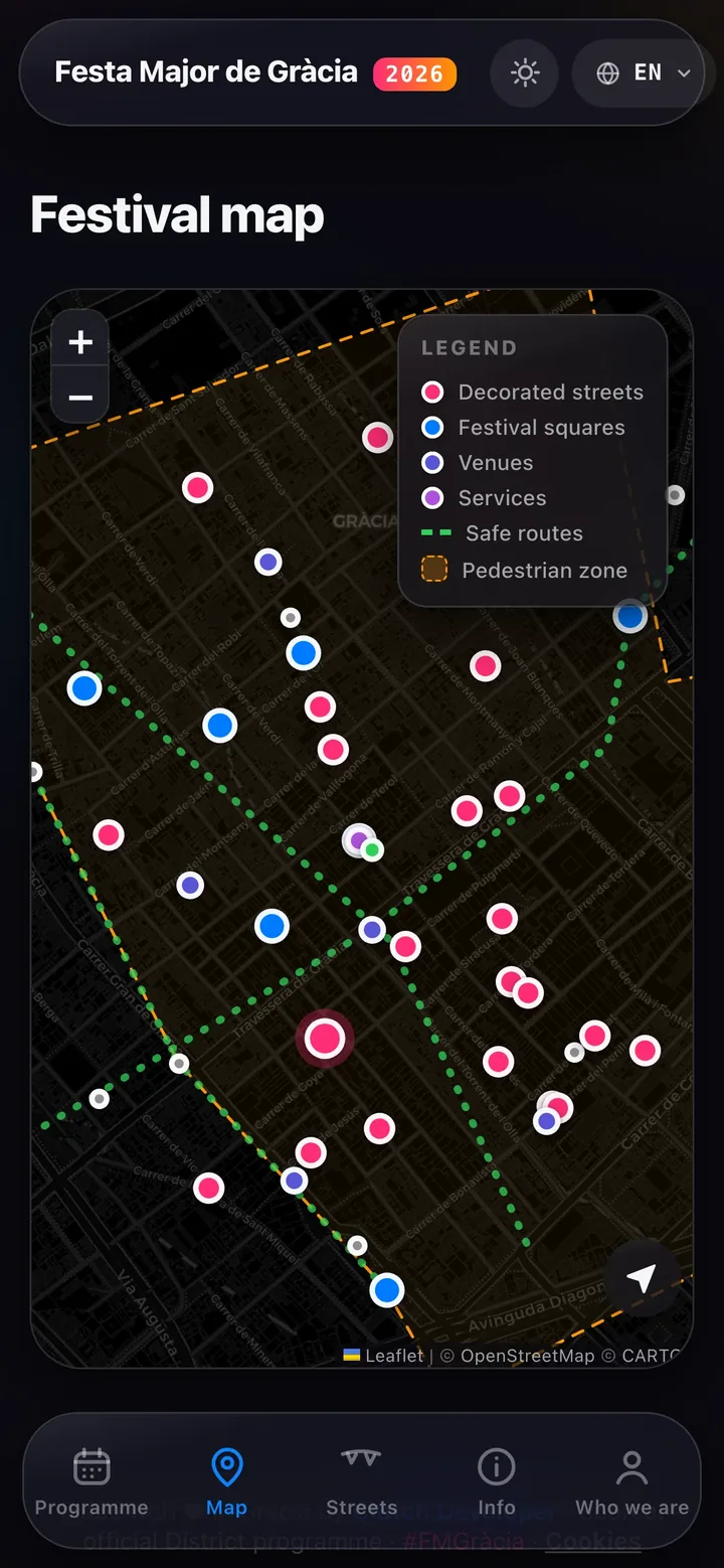 The festival map — decorated streets, squares, safe routes and the pedestrian zone