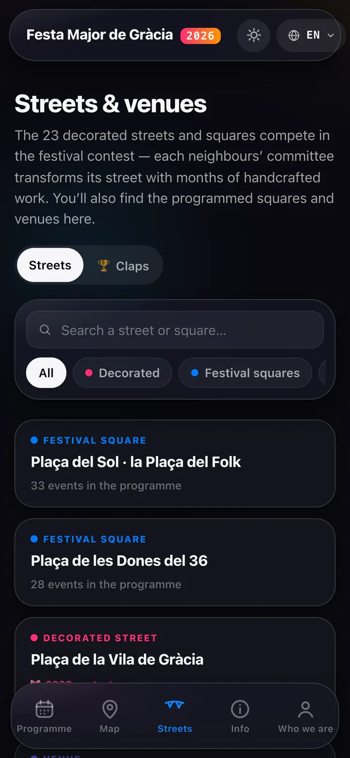 Streets & venues — Plaça del Sol and the decorated-street cards