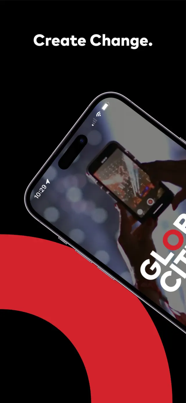 Global Citizen store artwork — "Create Change." over a phone showing the app