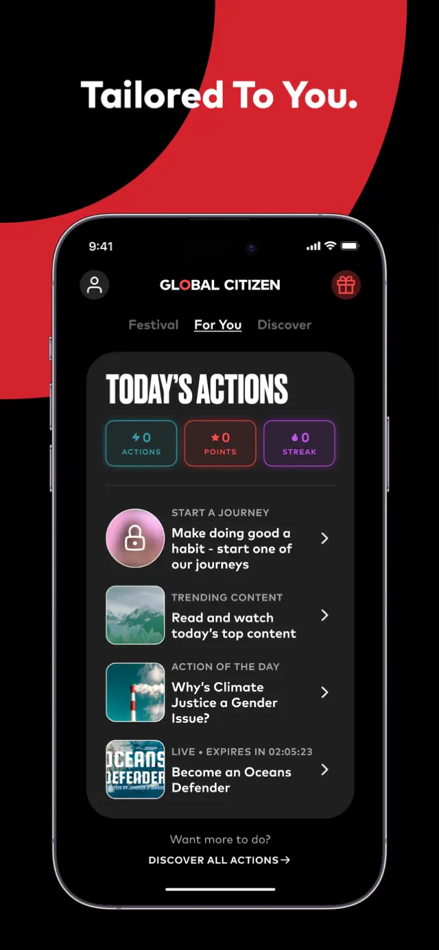 "Tailored To You." — the Today's Actions feed with a mix of action types