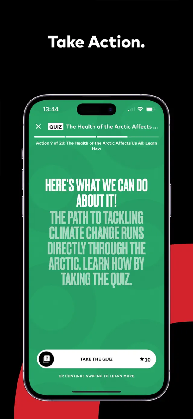 "Take Action." — an in-app climate quiz action screen
