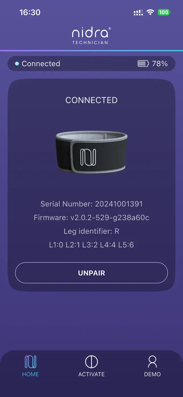 Connected band detail — serial number, firmware version and leg identifier