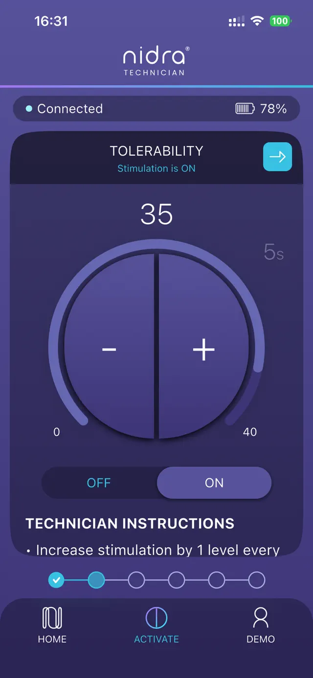 Tolerability dial set to 35, with step-by-step technician instructions