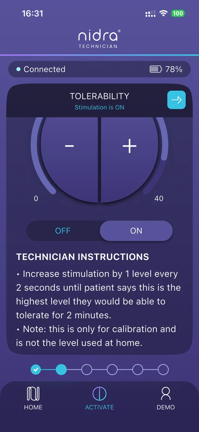 Stimulation controls with on/off state and calibration guidance