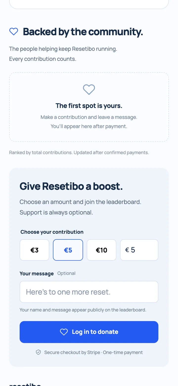 Resetibo contribution leaderboard and Stripe support options