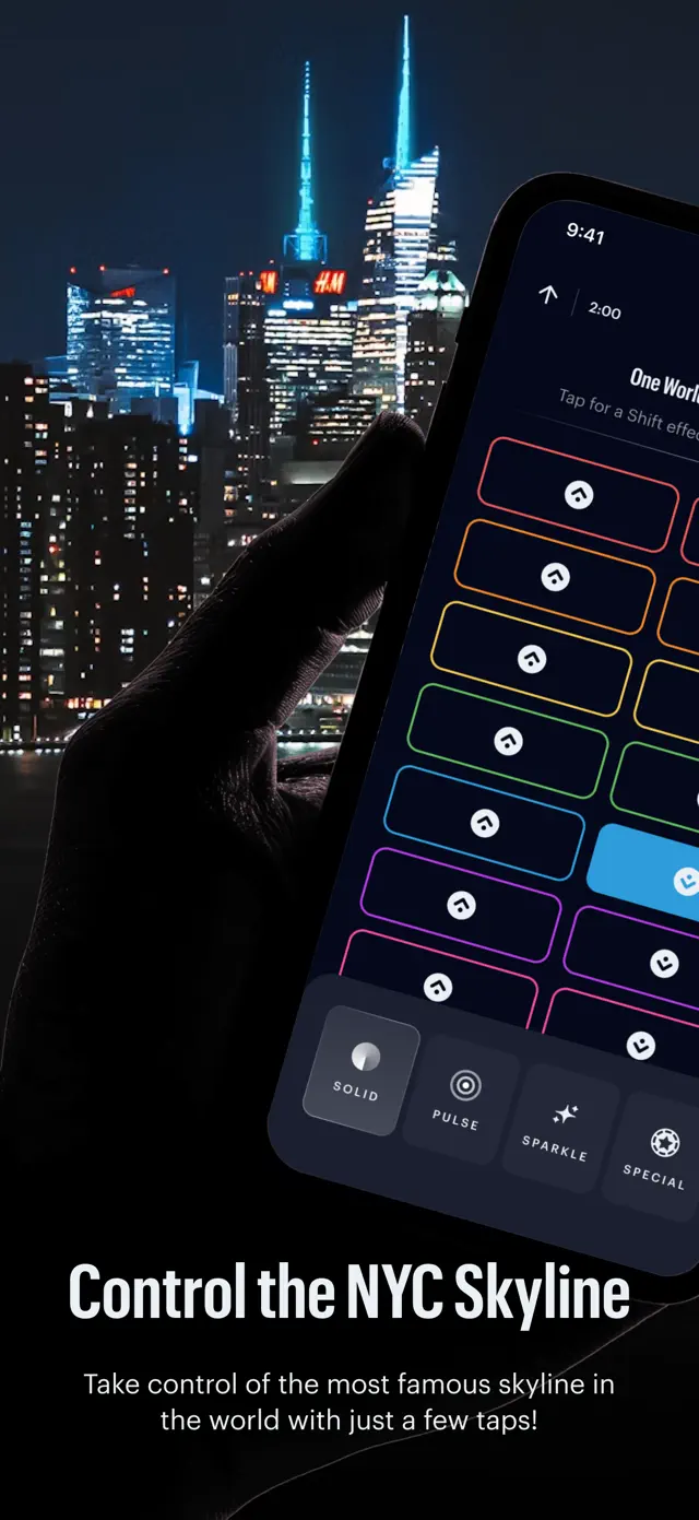 "Control the NYC Skyline" — the effect grid over the Manhattan skyline at night