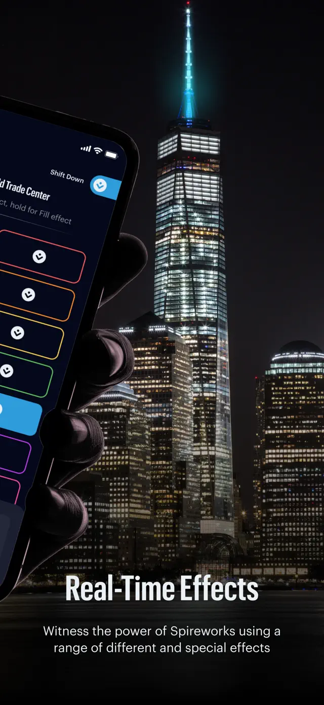 "Real-Time Effects" — the lit spire behind the app's controls