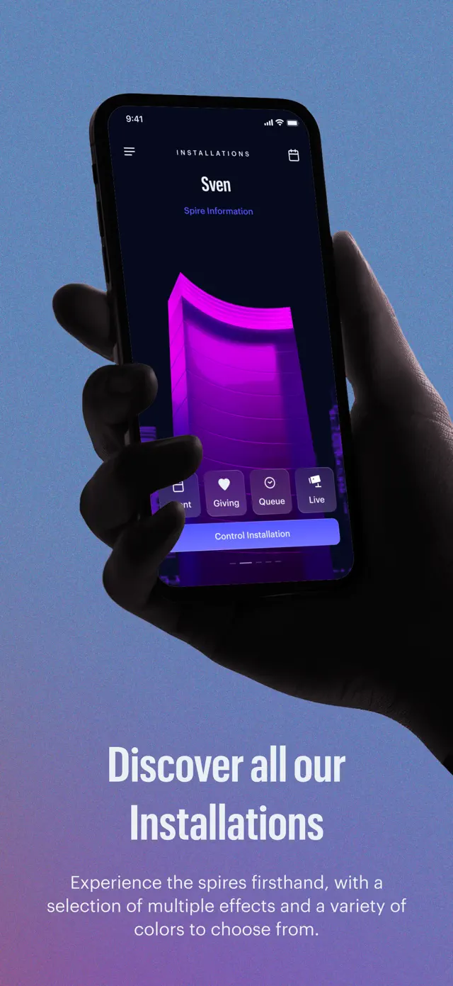 "Discover all our Installations" — the effect picker held in one hand